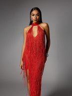 Halterneck Fringe Cutout Split Maxi Dress In Red