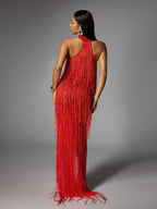 Halterneck Fringe Cutout Split Maxi Dress In Red
