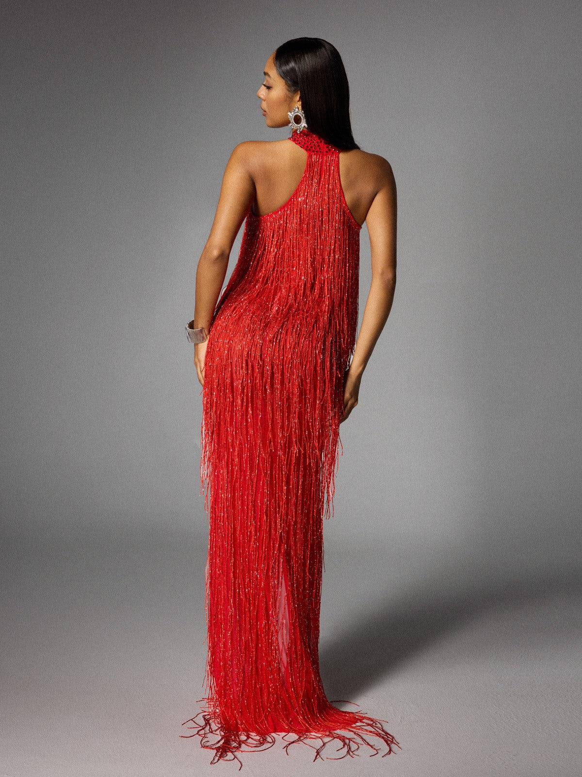 Halterneck Fringe Cutout Split Maxi Dress In Red