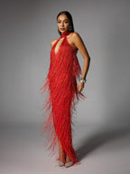 Halterneck Fringe Cutout Split Maxi Dress In Red