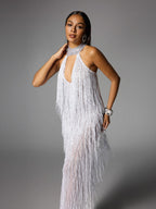 Halterneck Fringe Cutout Split Maxi Dress In White