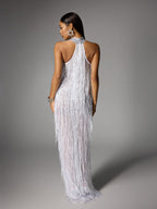Halterneck Fringe Cutout Split Maxi Dress In White