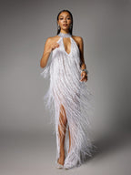 Halterneck Fringe Cutout Split Maxi Dress In White