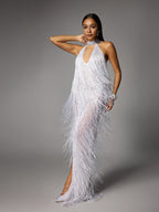 Halterneck Fringe Cutout Split Maxi Dress In White