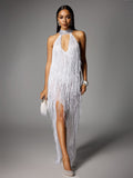Halterneck Fringe Cutout Split Maxi Dress In White