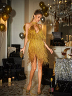 Halterneck Fringe Cutout Split Mini Dress In Gold