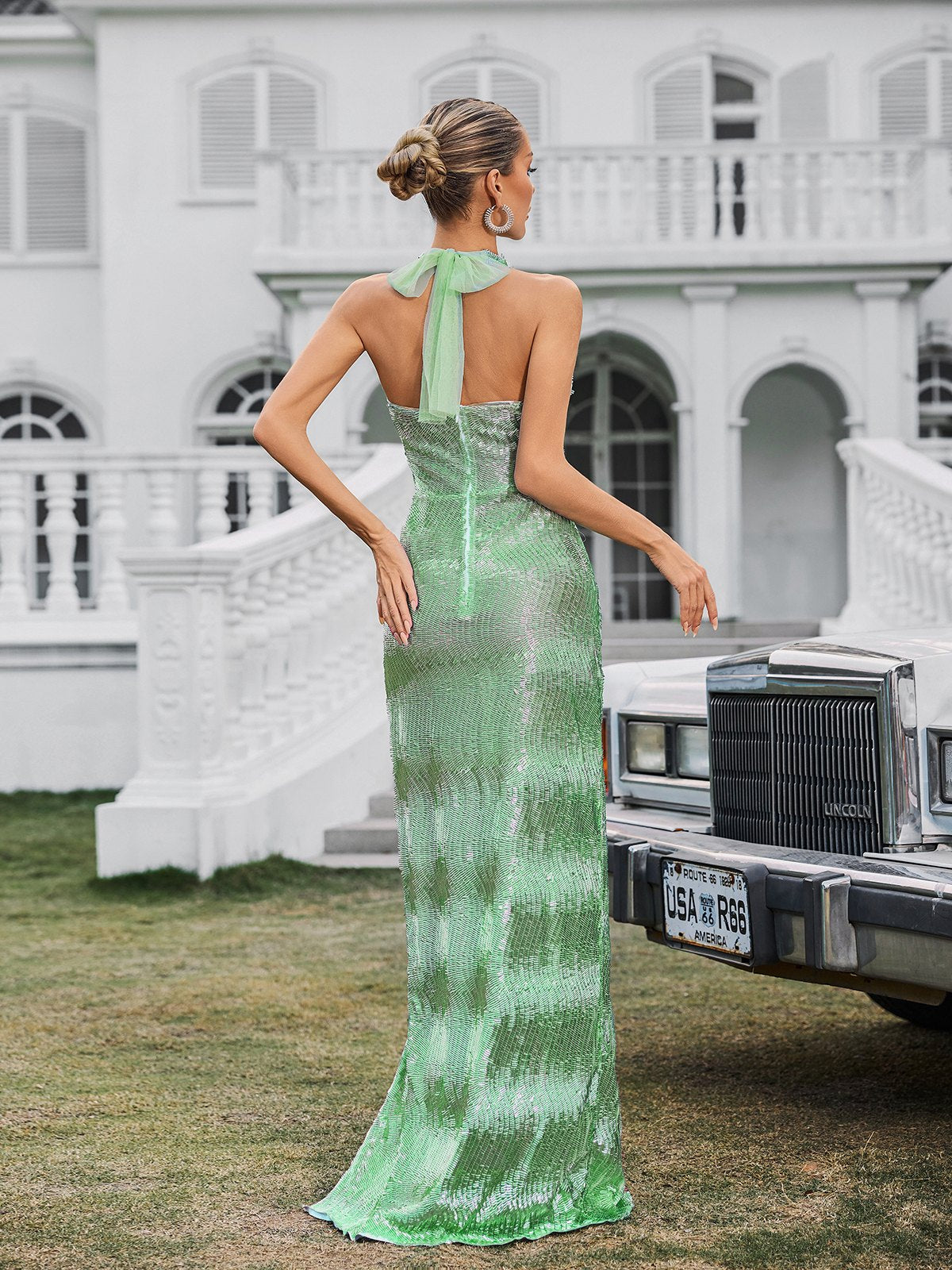 Halterneck Split Maxi Dress In Green