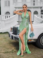 Halterneck Split Maxi Dress In Green