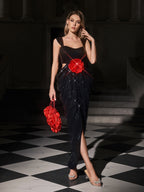 Flower Sequin Split Maxi Dress
