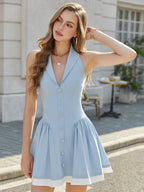 Embellished Button Backless Contrast Pleated Hem Dress