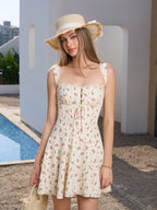 Embellished Button Lace Trim Floral Print Mini Dress