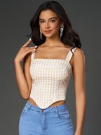 Embellished Lace Asymmetrical Hem Plaid Print Top