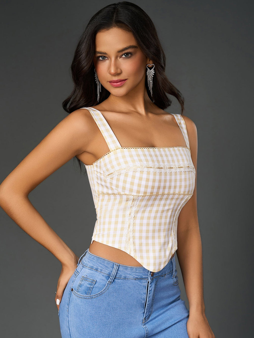 Embellished Lace Asymmetrical Hem Plaid Print Top
