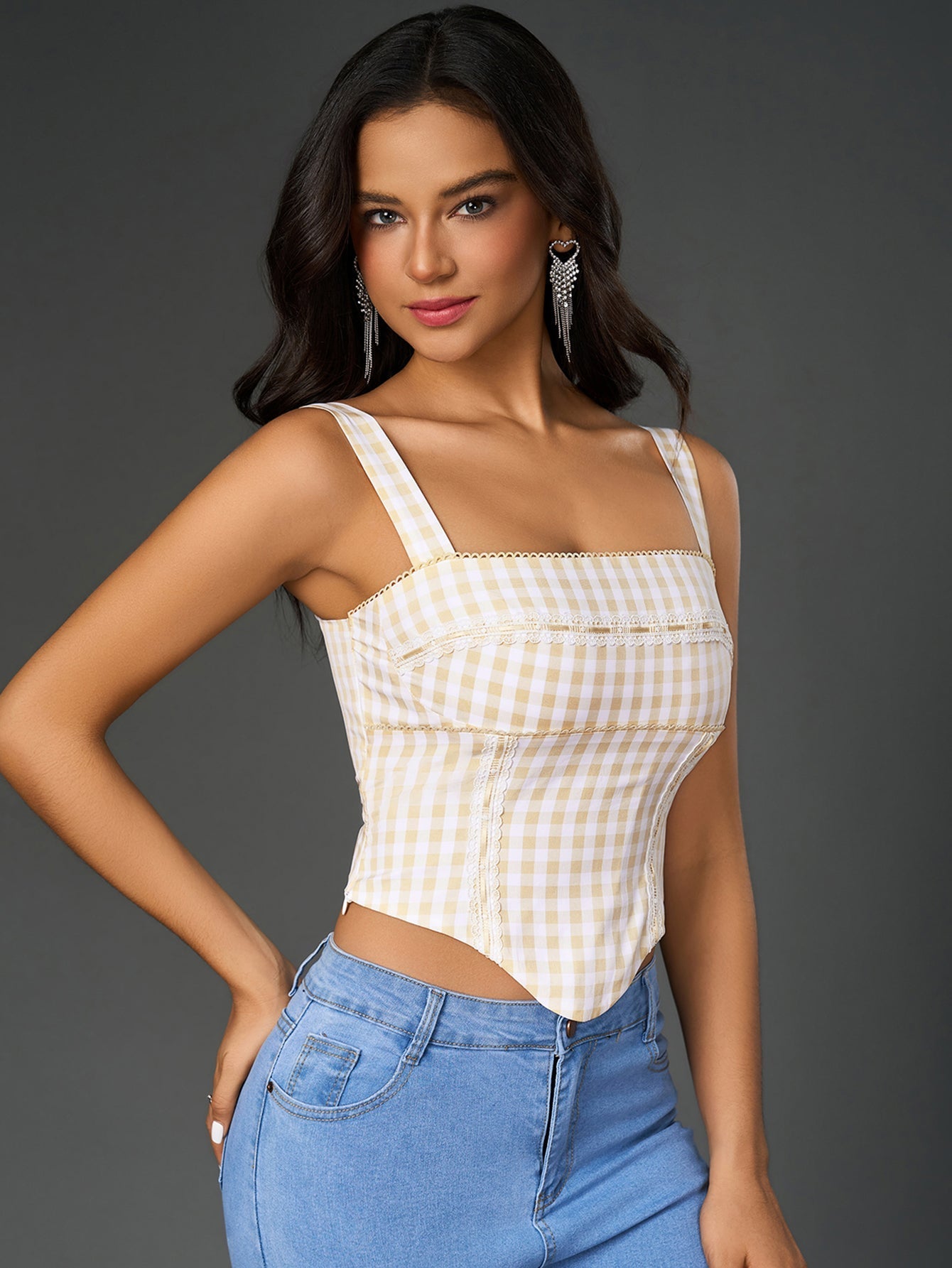 Embellished Lace Asymmetrical Hem Plaid Print Top