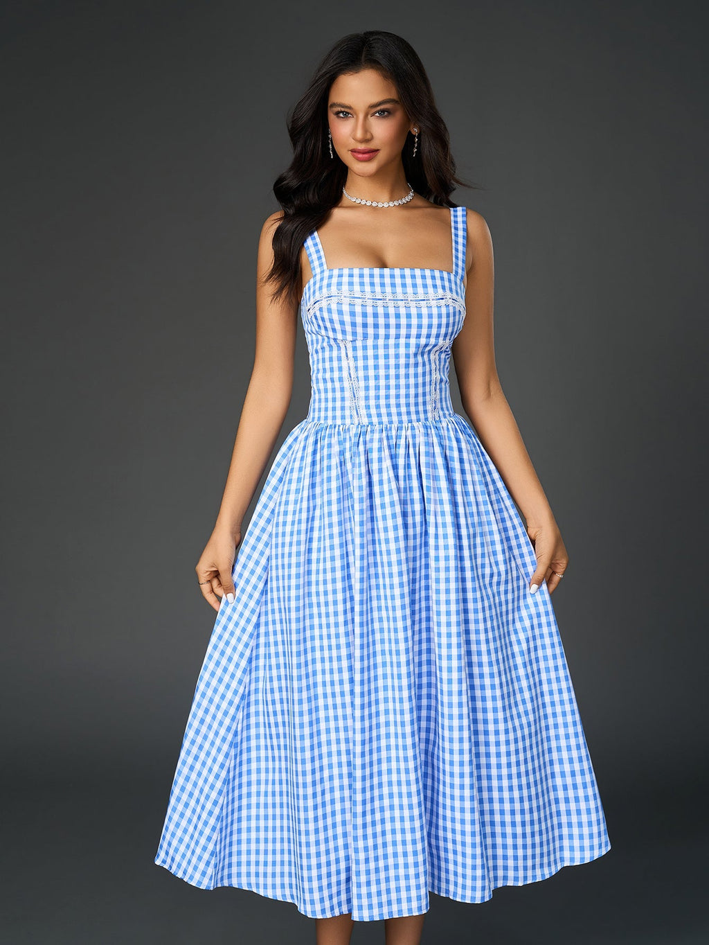 Embellished Lace Trim Pocket Plaid Print Midi Dress