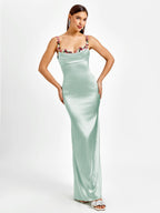 Embellished Strap Tie Back Satin Bodycon Dress