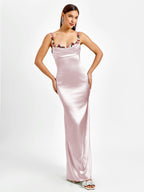Embellished Strap Tie Back Satin Bodycon Dress