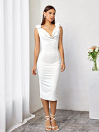 Embellished V-Neck Draped Back Midi Dress