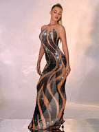 Emmaline Rhinestone Mesh Maxi Dress In Light Nude