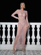 Emmanuelle Long Sleeve Embellished Maxi Dress In Blush
