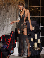 Halterneck Crystal Fringe Mesh Dress
