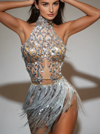 Halterneck Rhinestone Fringe Skirt Set In Silver