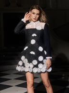 Folded Collar Flower Pearl Mini Dress