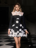 Folded Collar Flower Pearl Mini Dress