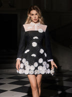 Folded Collar Flower Pearl Mini Dress