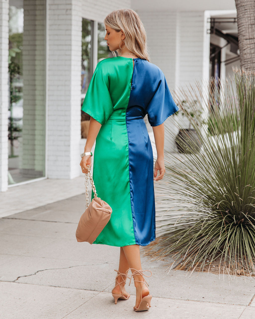 Essex Satin Colorblock Twist Midi Dress Navy Green FINAL
