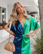Essex Satin Colorblock Twist Midi Dress Navy Green FINAL
