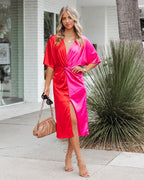 Essex Satin Colorblock Twist Midi Dress Red Pink FINAL