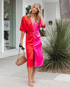 Essex Satin Colorblock Twist Midi Dress Red Pink FINAL