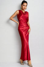 Conjunto Wine Red Satin Backless Maxi Dress