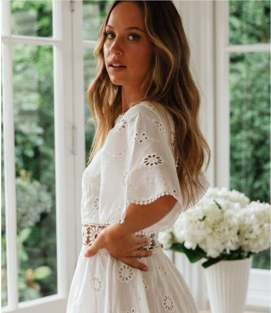Eyelet Embroidery Backless Hollow Out Cutout Tassel Cotton like Dress for