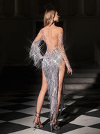 High Neck Rhinestone Fringe Bodysuit In Silver
