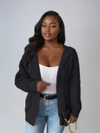 Plus Size Hooded Cable Knit Cardigan Open Front Casual