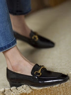 Leather Flat Shoes With Low Heel Metal Accent Square Toe