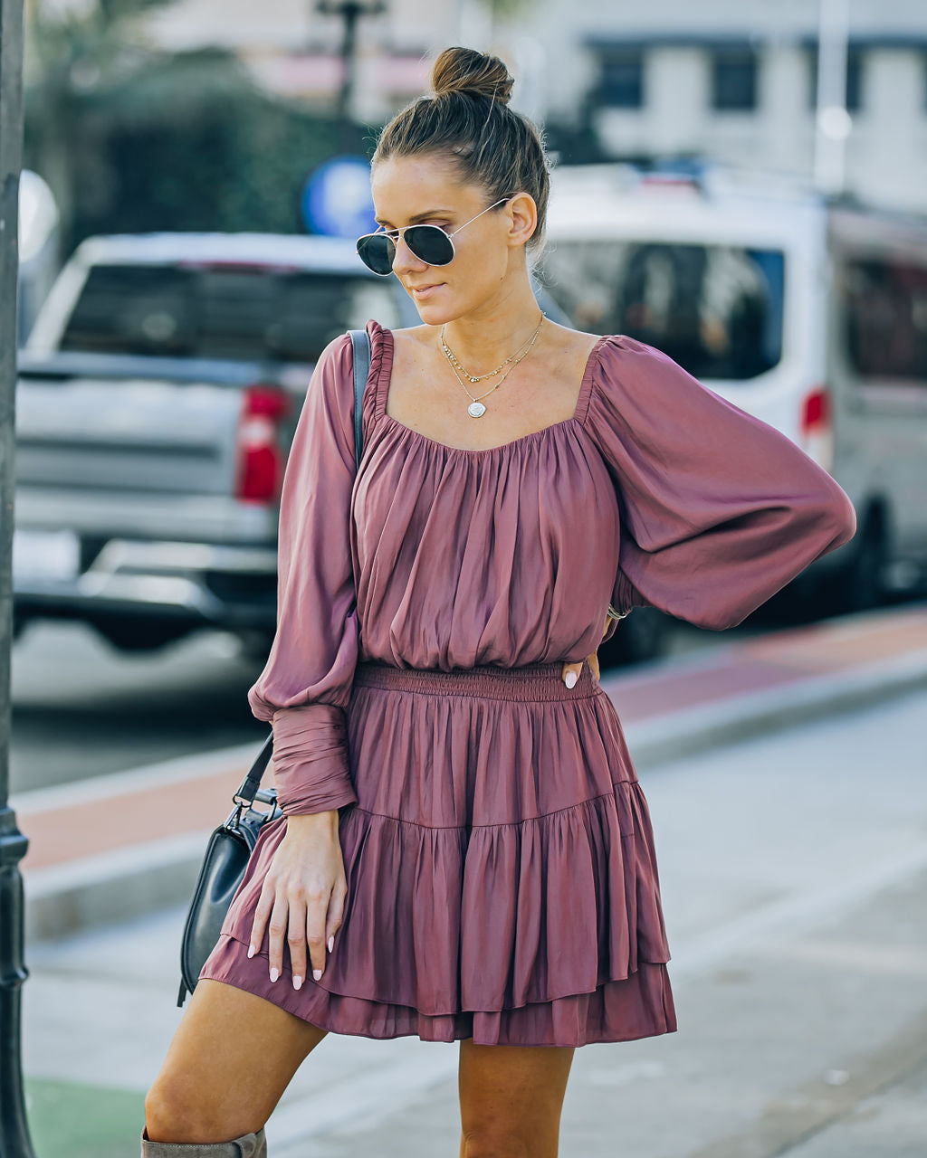 Ayla Smocked Ruffle Mini Dress Dark Mauve FINAL