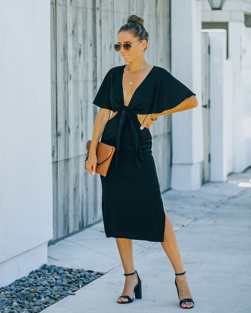 Jenner Linen Blend Tie Front Cutout Midi Dress Black FINAL