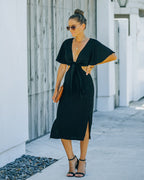 Jenner Linen Blend Tie Front Cutout Midi Dress Black FINAL
