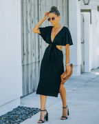 Jenner Linen Blend Tie Front Cutout Midi Dress Black FINAL