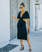 Jenner Linen Blend Tie Front Cutout Midi Dress Black FINAL