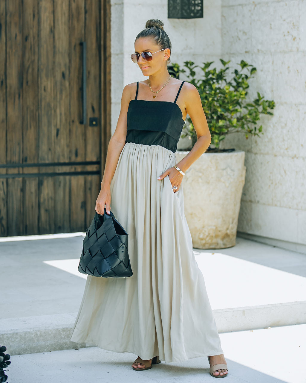Marcellus Pocketed Colorblock Maxi Dress Black Nude