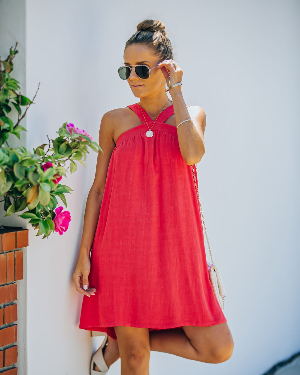 Hot Fun Linen Blend Halter Dress Hot Pink