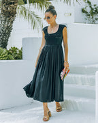 Naite Pocketed Smocked Midi Dress Black