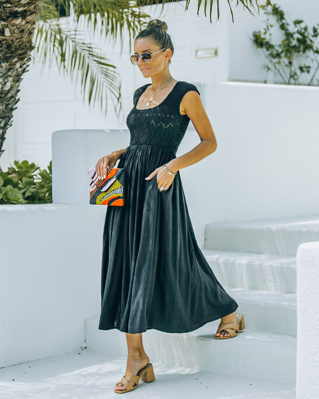 Naite Pocketed Smocked Midi Dress Black