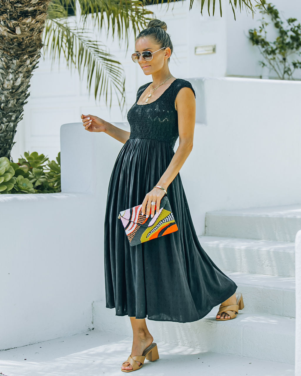 Naite Pocketed Smocked Midi Dress Black