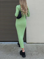 Casual Solid Knit Round Neck Long Sleeve Sweater Bodycon Dress