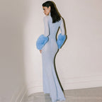 Fall Long Sleeve Light Blue Tencel Dress Slim Fit Solid Color Mesh Oversleeve Dress
